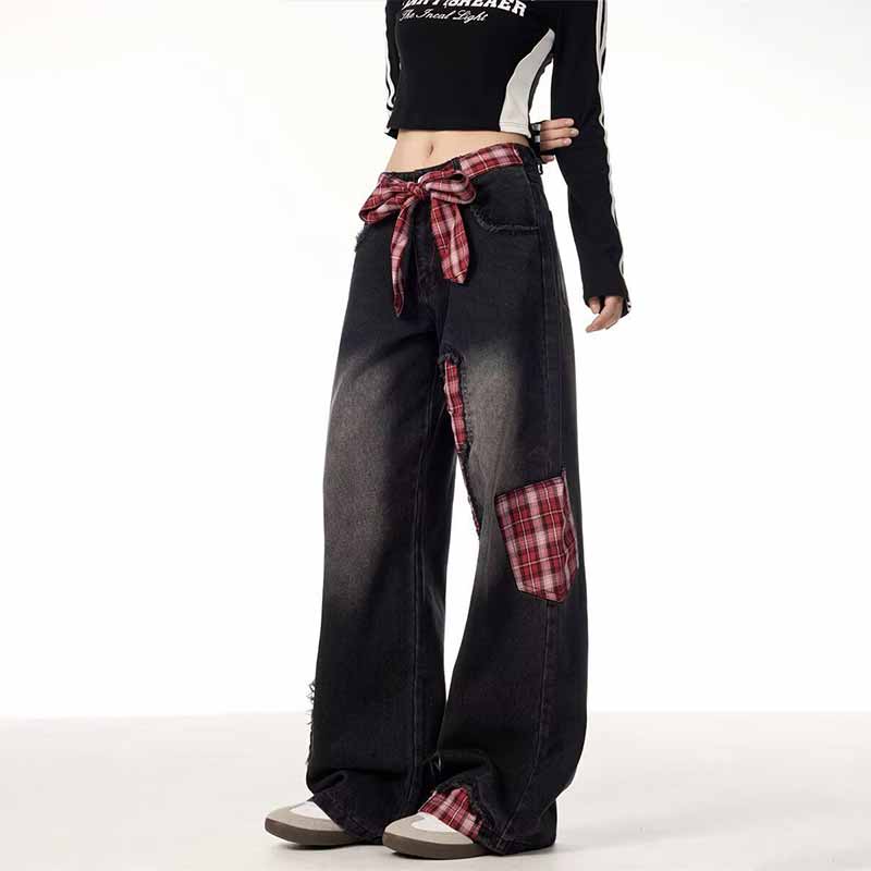 American Street Plaid Patch Straight-Leg Baggy Jeans