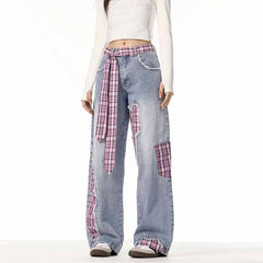 American Street Plaid Patch Straight-Leg Baggy Jeans
