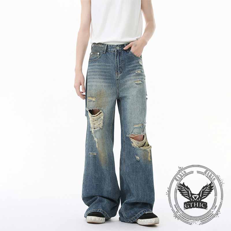 American Style Distressed Dirty-Dyed Wide-Leg Jeans
