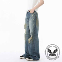 American Style Distressed Dirty-Dyed Wide-Leg Jeans