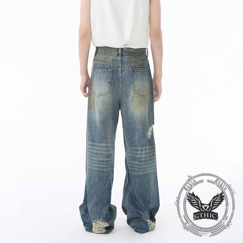 American Style Distressed Dirty-Dyed Wide-Leg Jeans