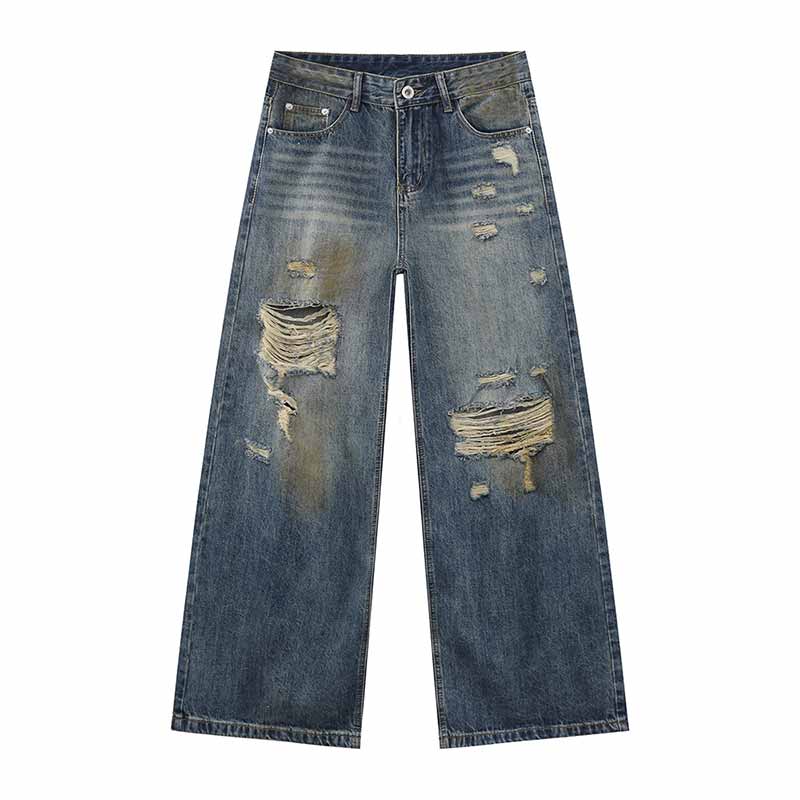 American Style Distressed Dirty-Dyed Wide-Leg Jeans