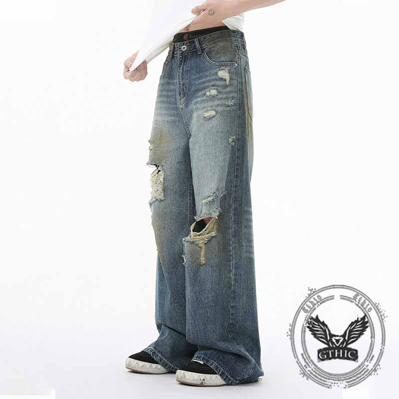American Style Distressed Dirty-Dyed Wide-Leg Jeans