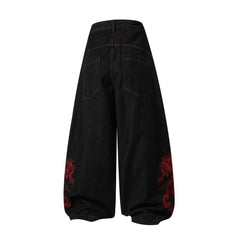 CapCabin Dragon Embroidered Wide-Leg Denim Pants