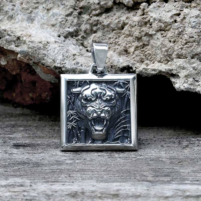 Bamboo Tiger Stainless Steel Square Pendant