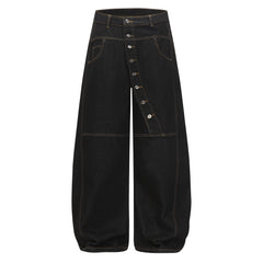 CapCabin Asymmetric Button Wide-Leg Denim Pants