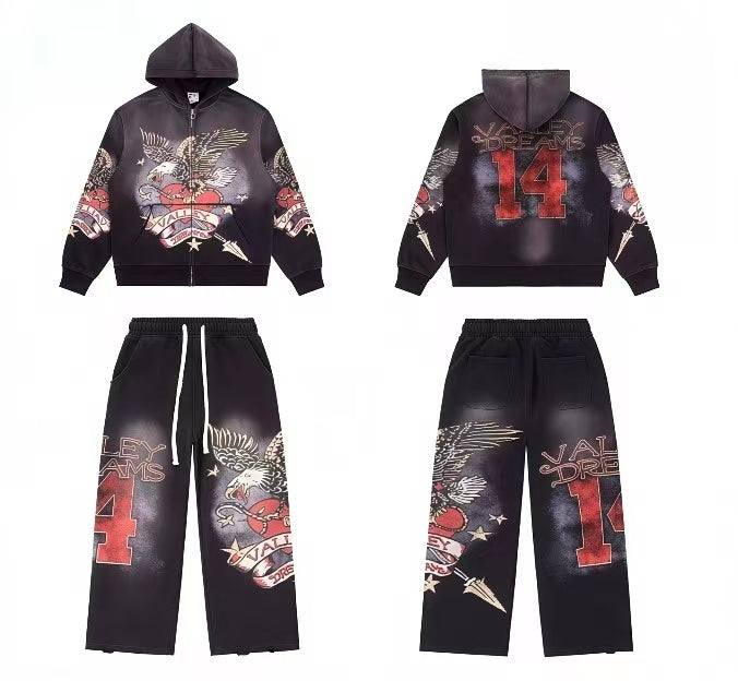 Vale Forever Vintage Eagle & Heart "14" Zip-Up Hoodie & Sweatpants Set - Black