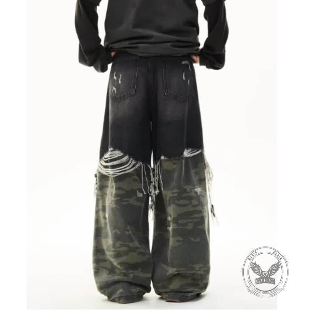 Casual Double-Layered Camouflage Ripped Wide-Leg Baggy Jeans
