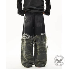 Casual Double-Layered Camouflage Ripped Wide-Leg Baggy Jeans