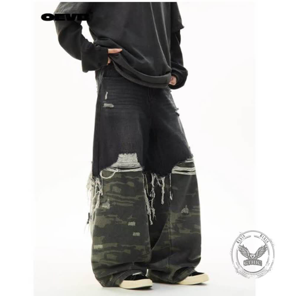 Casual Double-Layered Camouflage Ripped Wide-Leg Baggy Jeans
