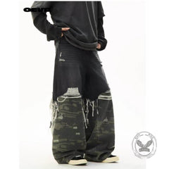 Casual Double-Layered Camouflage Ripped Wide-Leg Baggy Jeans