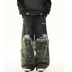 Casual Double-Layered Camouflage Ripped Wide-Leg Baggy Jeans