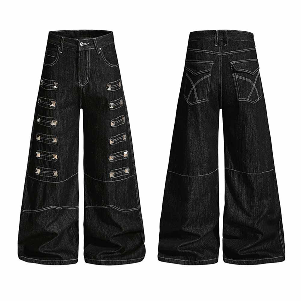 Dark Y2K Punk Rivet Embellishment Wide Leg Jeans