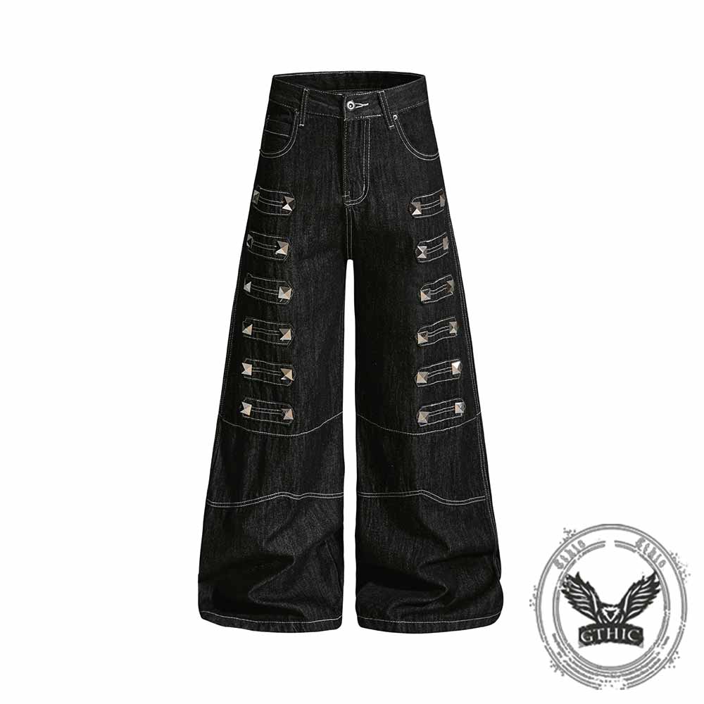 Dark Y2K Punk Rivet Embellishment Wide Leg Jeans
