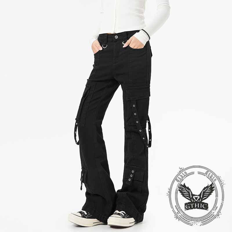 Dark Y2K Strap Design Flared Multi-Pocket Casual Pants