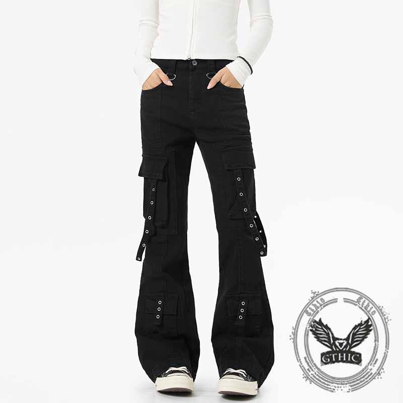 Dark Y2K Strap Design Flared Multi-Pocket Casual Pants