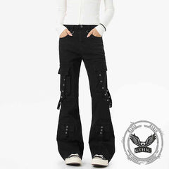 Dark Y2K Strap Design Flared Multi-Pocket Casual Pants