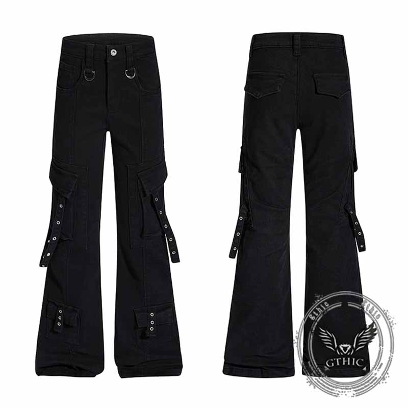 Dark Y2K Strap Design Flared Multi-Pocket Casual Pants