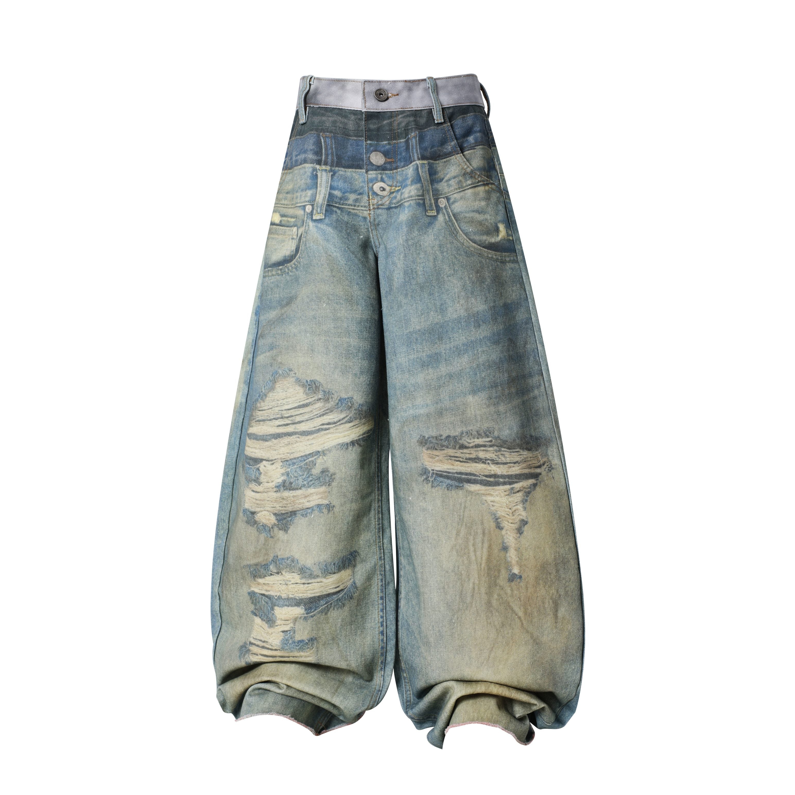 CapCabin “Layered Fade Distressed Balloon Jeans”
