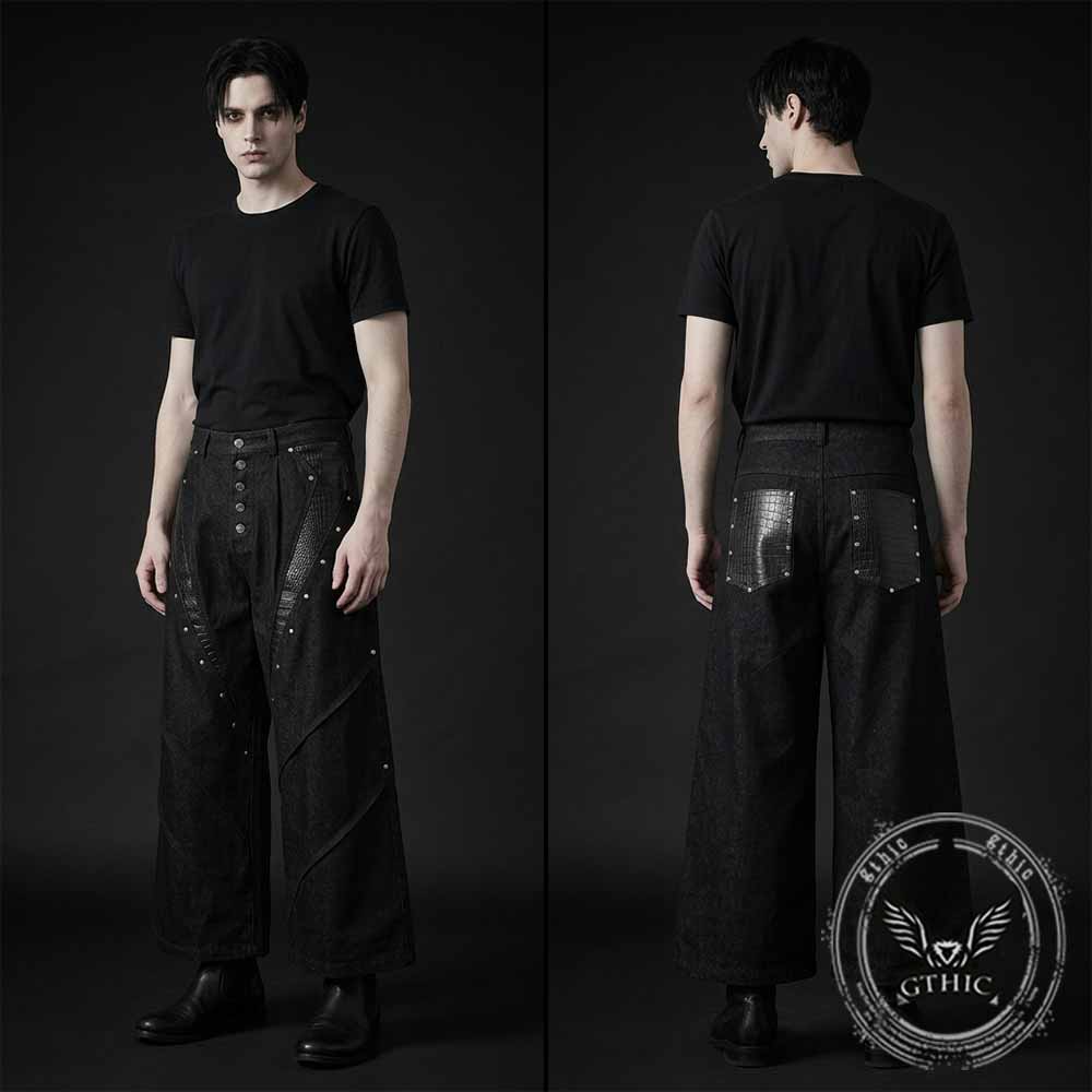 Deconstructed Snake Print Leather Spliced Rivet Jeans