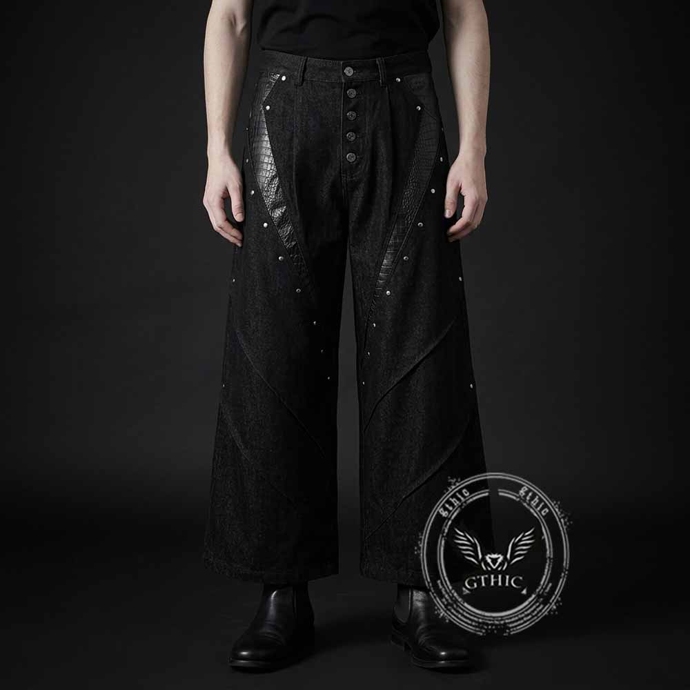 Deconstructed Snake Print Leather Spliced Rivet Jeans