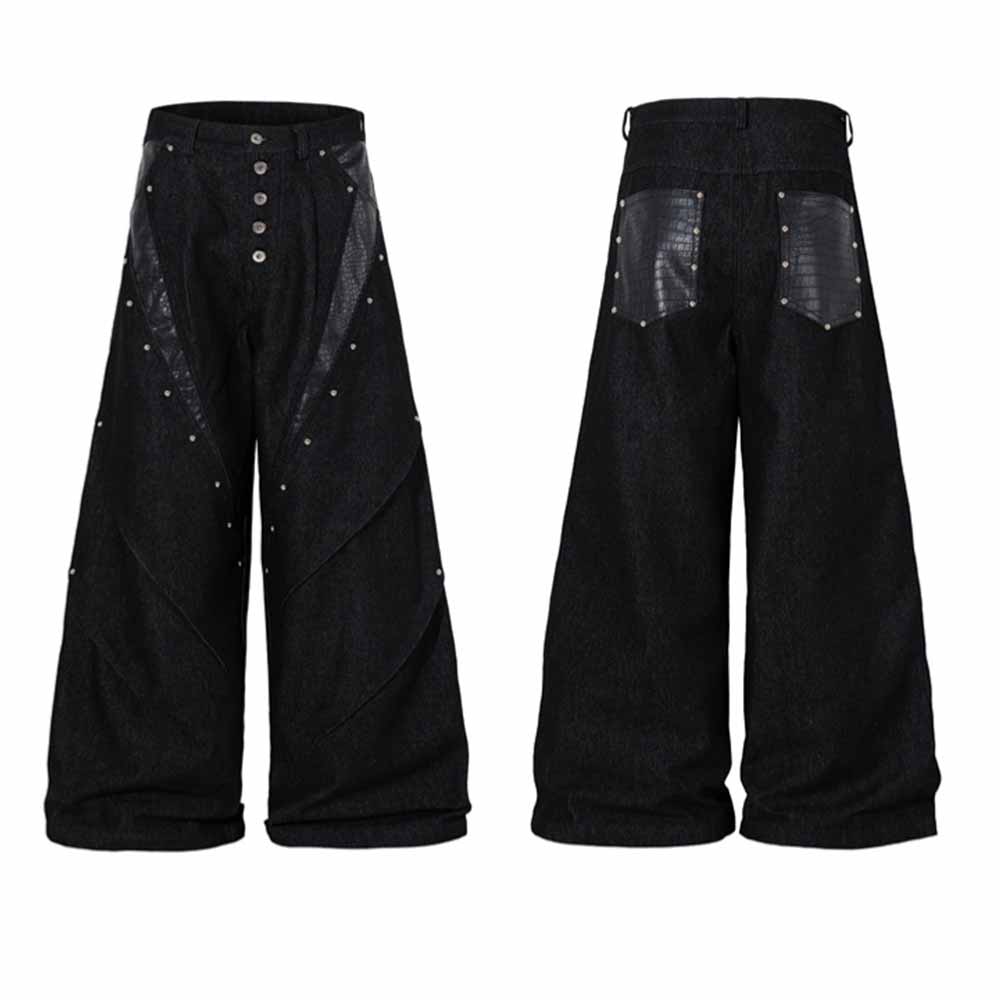 Deconstructed Snake Print Leather Spliced Rivet Jeans
