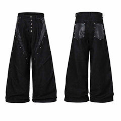 Deconstructed Snake Print Leather Spliced Rivet Jeans