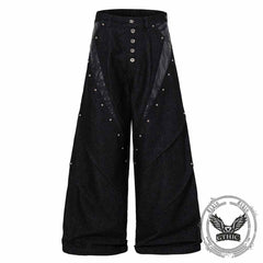 Deconstructed Snake Print Leather Spliced Rivet Jeans
