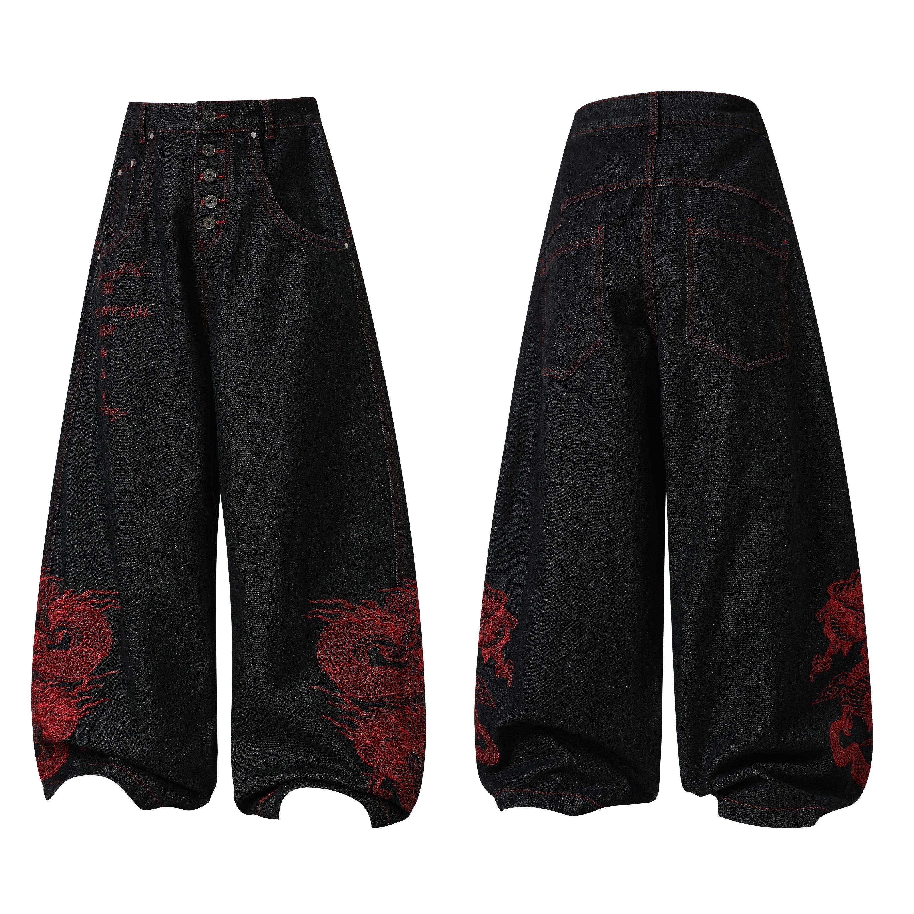 CapCabin Dragon Embroidered Wide-Leg Denim Pants