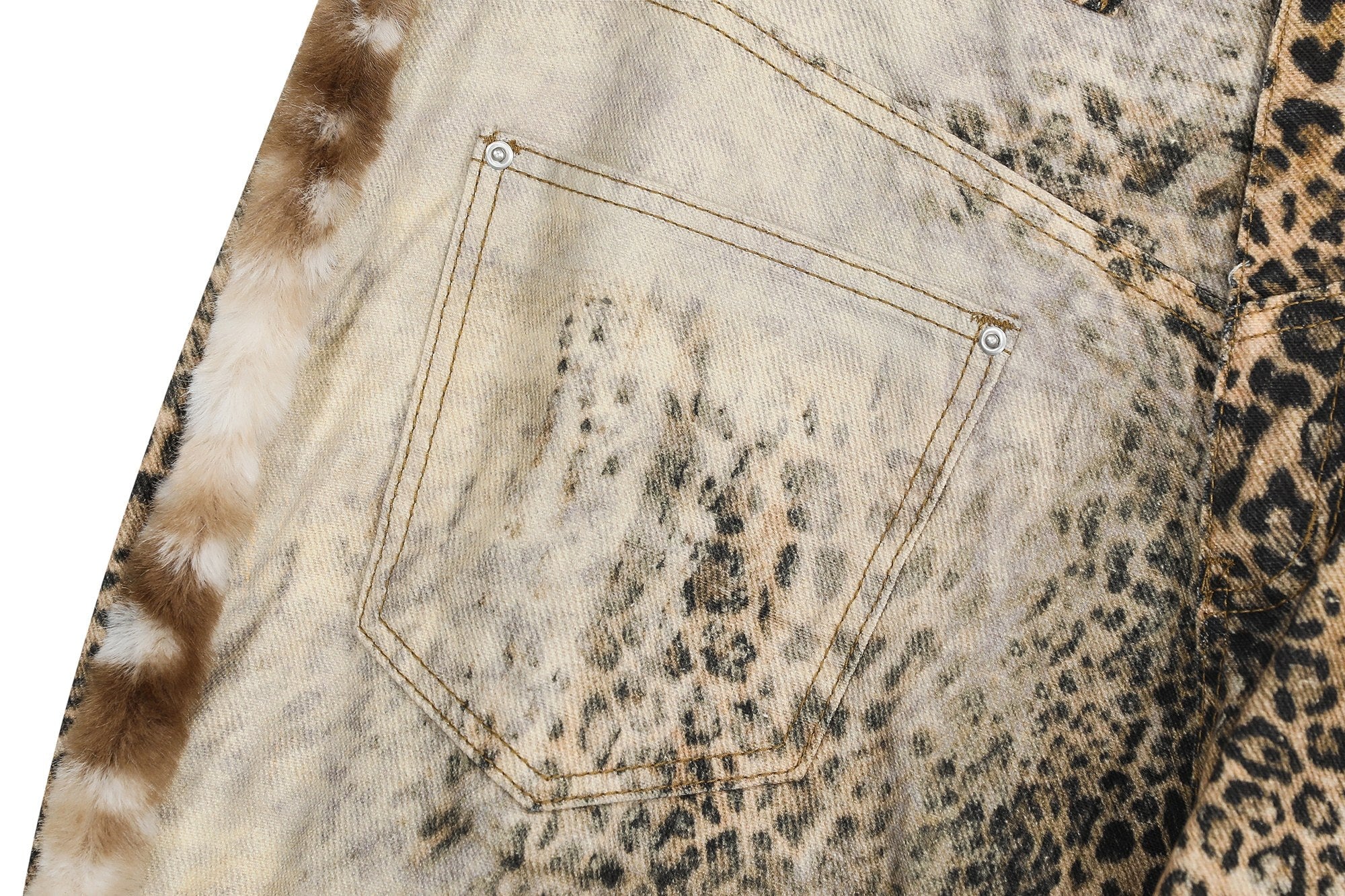 CapCabin “Leopard Fur-Trim Wide-Leg Jeans”