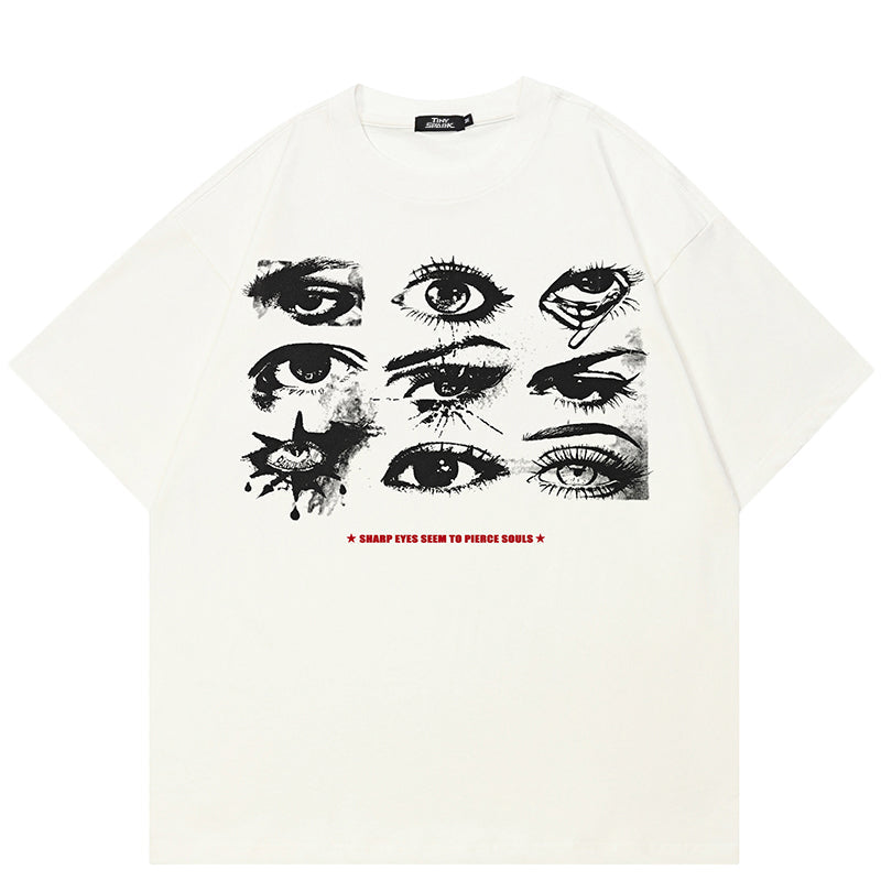 Eyes Print Casual White Y2K Graphic Tees