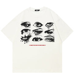 Eyes Print Casual White Y2K Graphic Tees