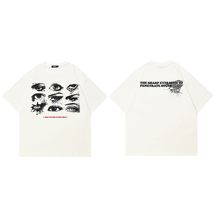 Eyes Print Casual White Y2K Graphic Tees