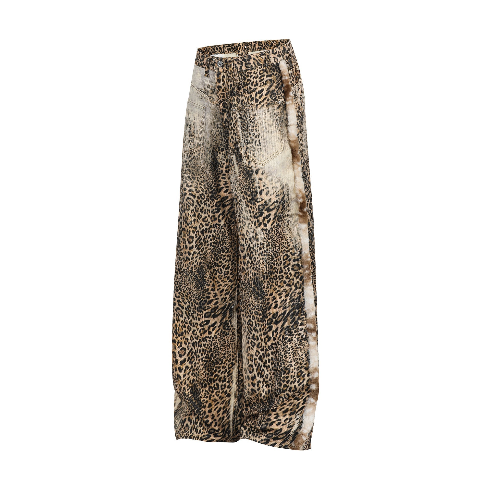 CapCabin “Leopard Fur-Trim Wide-Leg Jeans”