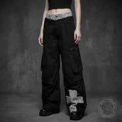 Fashion Leopard-Print Patchwork Loose Wide-Leg Scimitar Pants
