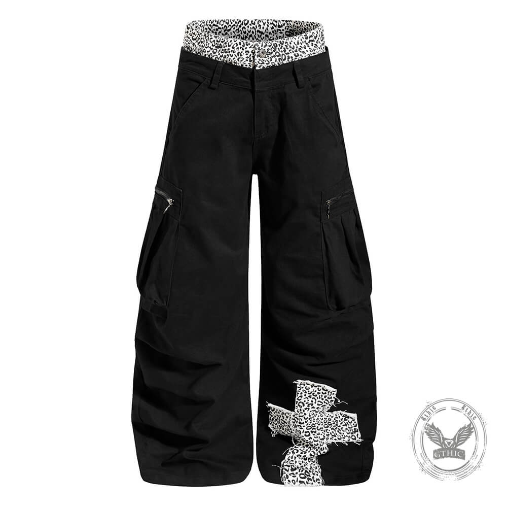 Fashion Leopard-Print Patchwork Loose Wide-Leg Scimitar Pants