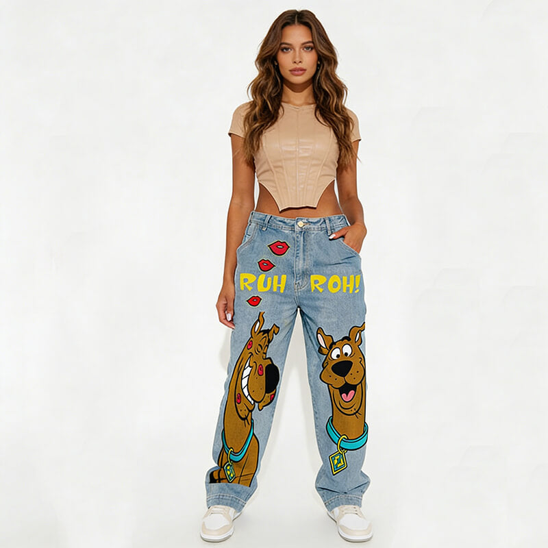 Fashion Y2K Cartoon Pattern High Waist Jeans