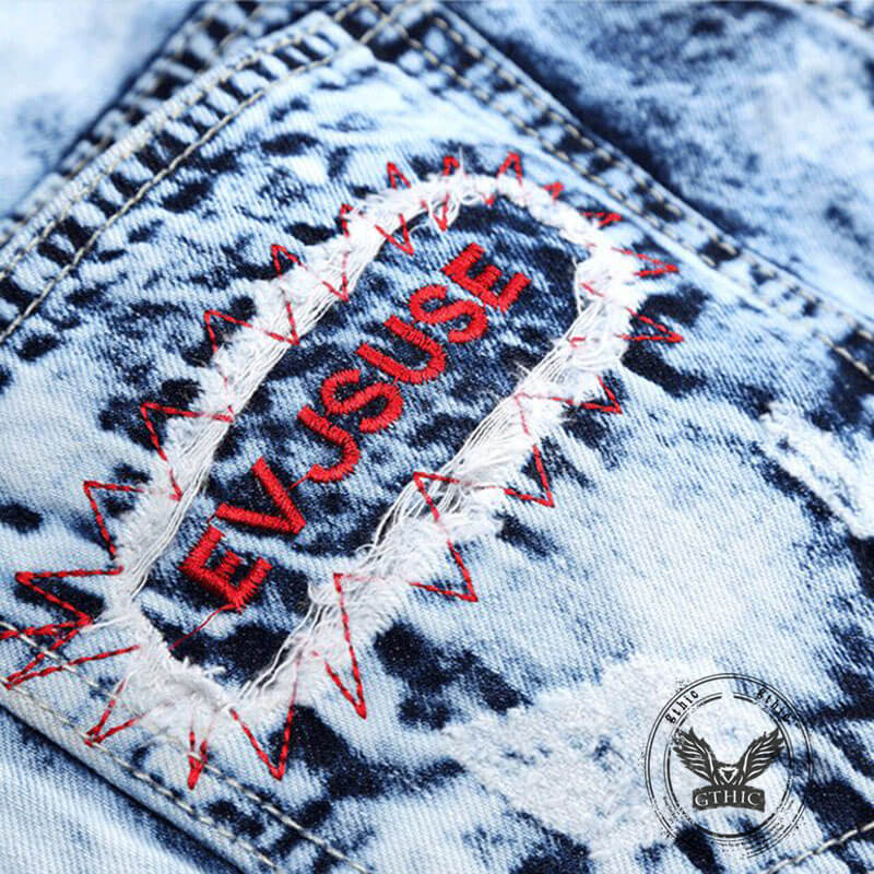 Fashionable Embroidered Ripped Colorblock Straight Jeans