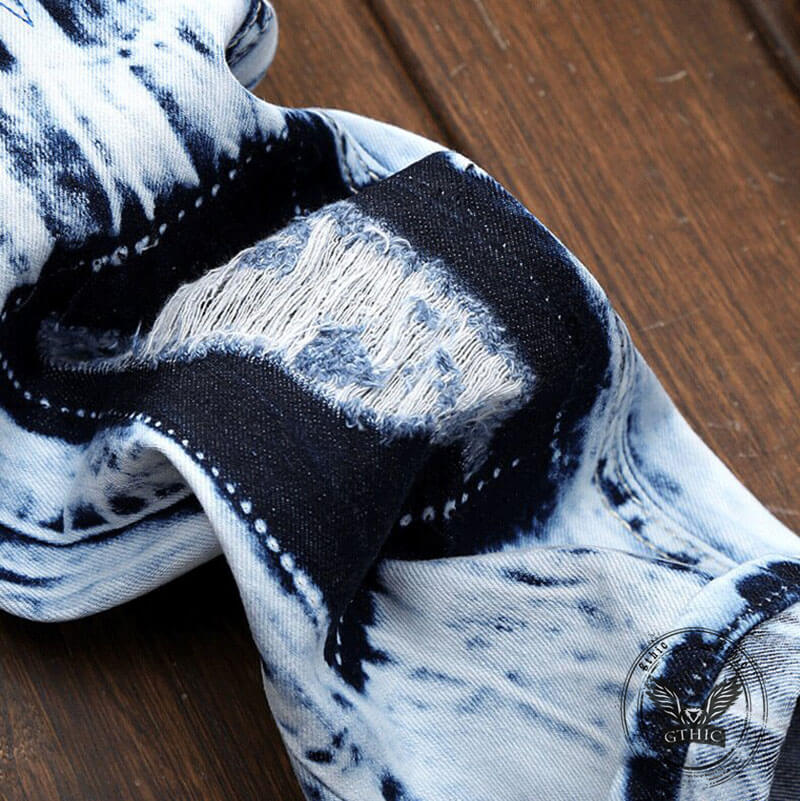 Fashionable Embroidered Ripped Colorblock Straight Jeans