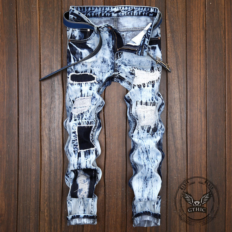 Fashionable Embroidered Ripped Colorblock Straight Jeans