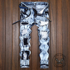 Fashionable Embroidered Ripped Colorblock Straight Jeans