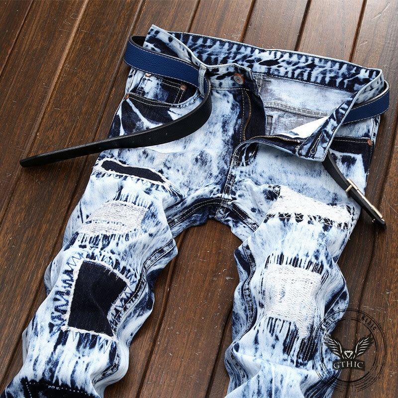 Fashionable Embroidered Ripped Colorblock Straight Jeans