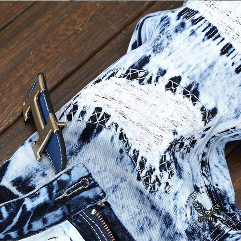 Fashionable Embroidered Ripped Colorblock Straight Jeans