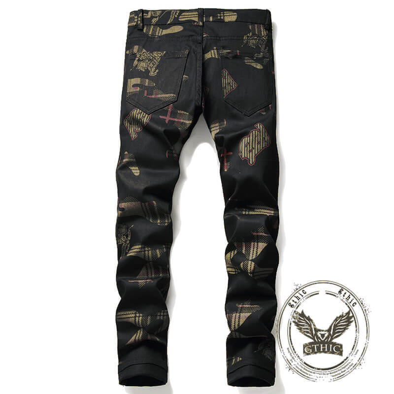 Gothic Black Print Straight Stretch Jeans