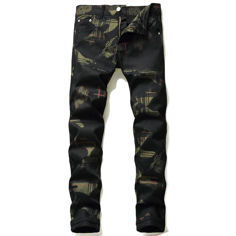 Gothic Black Print Straight Stretch Jeans