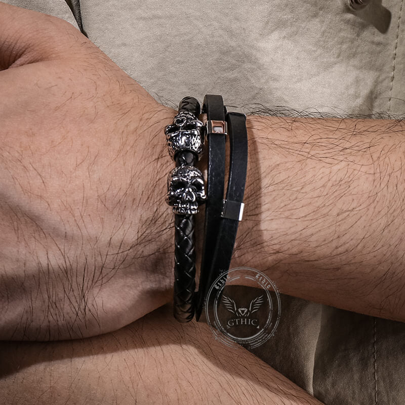 Gothic Double Skull Stainless Steel Leather Bracelet