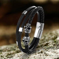 Gothic Double Skull Stainless Steel Leather Bracelet
