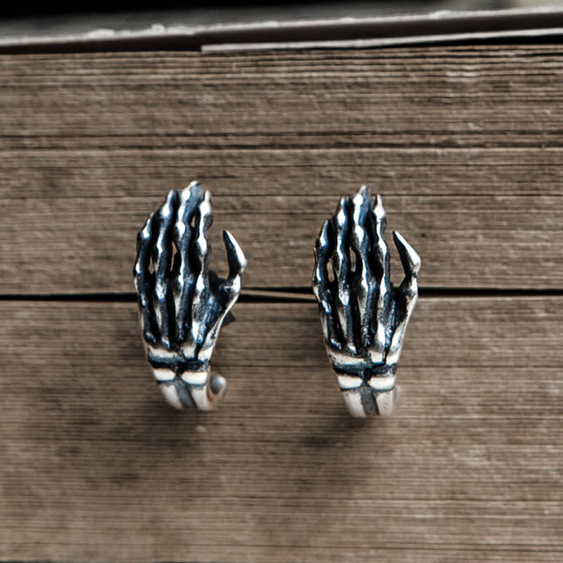 Gothic Skull Hand Bone Sterling Silver Stud Earrings