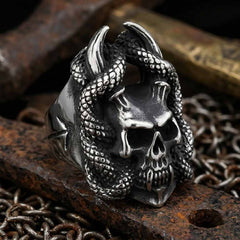 Gothic Snake Wrapped Horn Skull Stainless Steel Ring