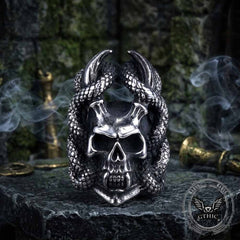 Gothic Snake Wrapped Horn Skull Stainless Steel Ring